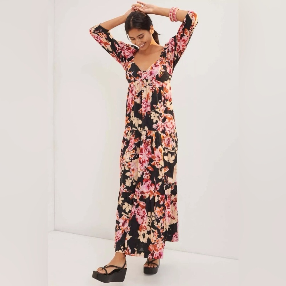 Anthropologie Floral Maxi Dress Black Pink Blossom Tiered Size XS boho